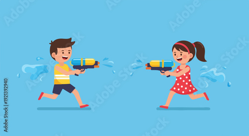 Children playing with water guns on a sunny day kids in summer clothes running and splashing water fun and playful atmosphere with cartoon characters