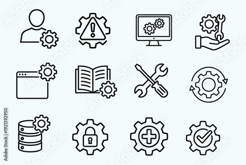 Collection of gear icons representing various concepts and tools