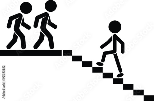 Three individuals navigating a staircase with varying levels of difficulty