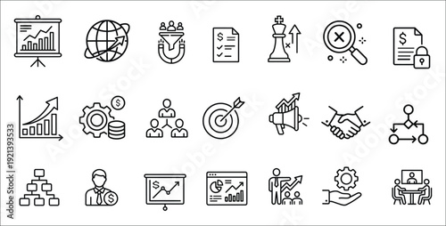 Collection of business and strategy icons for marketing and finance concepts