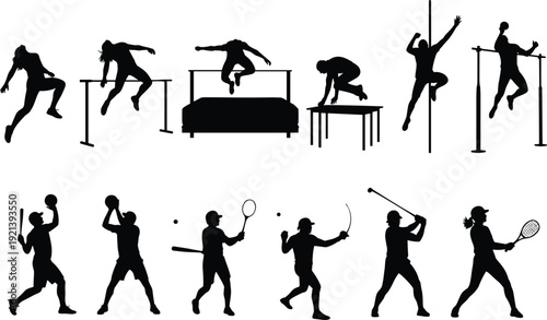 Athletic silhouettes collection, high jump, hurdles, pole climbing, pull-ups, baseball, basketball, tennis, golf, dynamic motion, fitness, sports activity