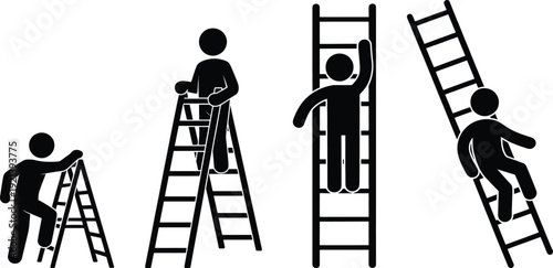 A sequence of four stick figures demonstrating proper ladder safety techniques.