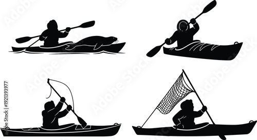 Black silhouettes of people kayaking with various actions kayaks white background