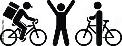 Three people on bicycles with one person celebrating in the middle.