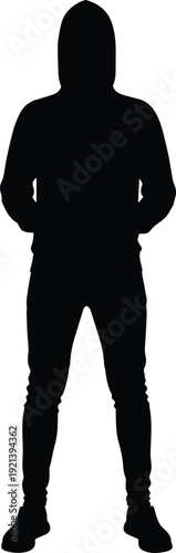 Black silhouette of a man wearing a hoodie and standing in a front view pose isolated on a white background.