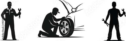 Black silhouettes of mechanics working on a car white background