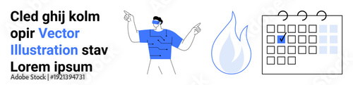 Healthcare, safety measures, scheduling, deadlines, planning, reminders. A man in a mask gesturing, a flame symbol and a marked calendar. Safety measures and scheduling concept