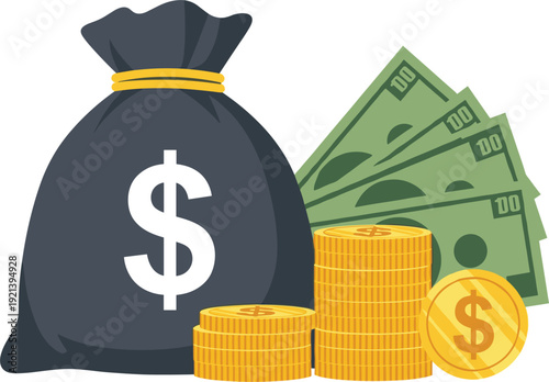 Money Bag with Dollar Sign Coins and Banknotes on White Background cash