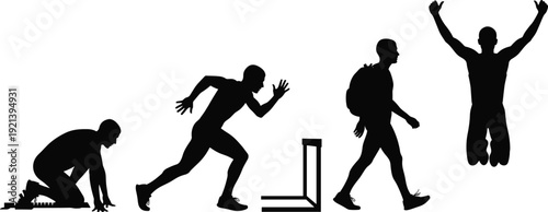 Set of black silhouettes featuring male surfers and paddleboarders in various poses, including surfing, paddling, standing, and carrying surfboards.