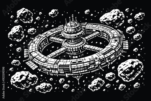 Futuristic Space Station Vector Illustration Surrounded by Flying Asteroids in a Circular Modular Design Hand Drawn Black and White Linocut.