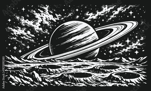 Vintage Hand Drawn Vector Illustration of Planet Saturn with Rings Seen from a Craters Surface Moon Landscape in Black and White Linocut Style.
