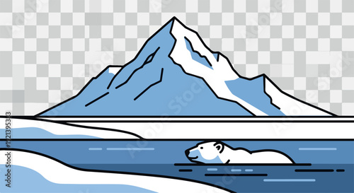 Illustration of a polar bear swimming in icy waters with a majestic snowy mountain range in the background against a transparent checkerboard pattern.