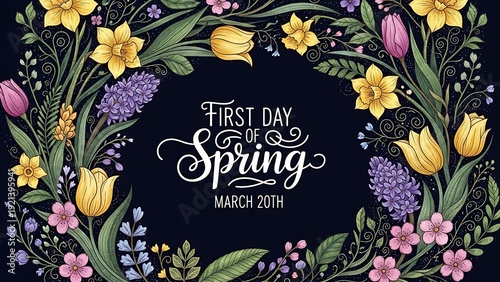 spring flowers and leaves on black background with first day of spring text