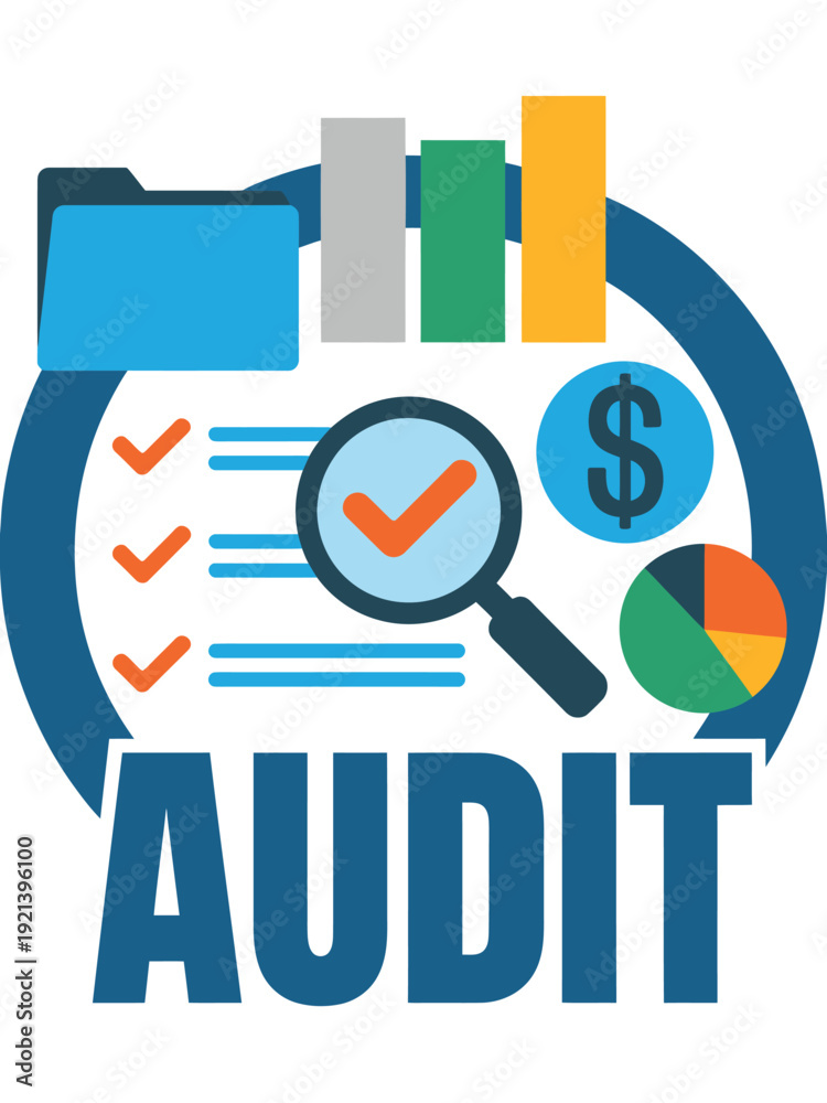 Obraz premium Audit concept with magnifying glass and financial icons on white background