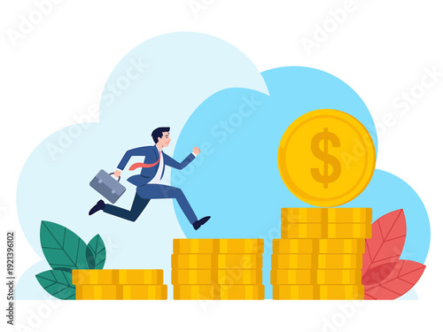 Businessman running up steps of gold coins to big dollar coin  financial success concept