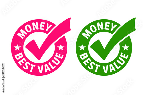 Pink and green best value money checkmark guarantee icons  isolated on transparent background
