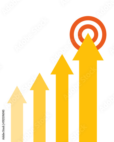 Four yellow arrows pointing upwards with orange target on white background