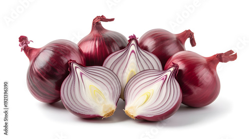 A vibrant bunch of red onions arranged on a white background