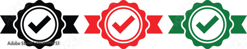 Three badges with checkmarks in black, red, and green colors