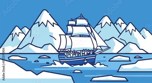 Illustration of a large sailing ship navigating through icy waters with snow-capped mountains in the background under a clear blue sky.