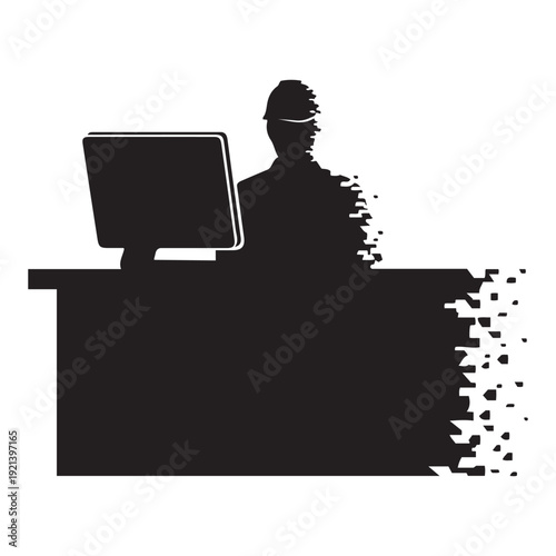 Dissolving silhouette of a person at a computer desk, representing data loss or digital transformation.