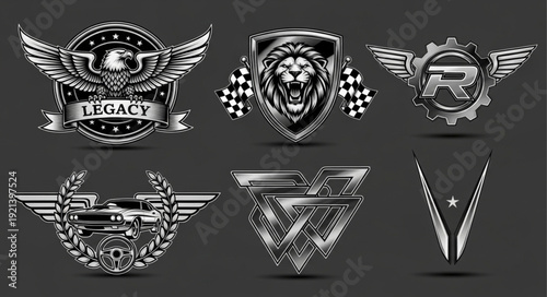 Collection of Six Modern Emblem Designs with Wings and Shields.