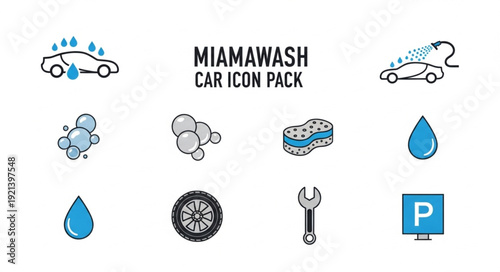 Car Wash Icon Pack with Water Drops and Tools.