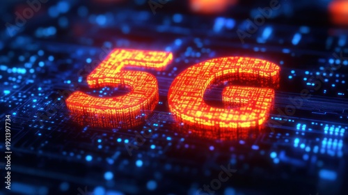 glowing orange 5g digits made of tiny lights on a blue circuit board conveying futuristic high-speed connectivity and dynamic digital energy