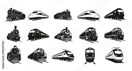 Collection of various train illustrations in black and white.
