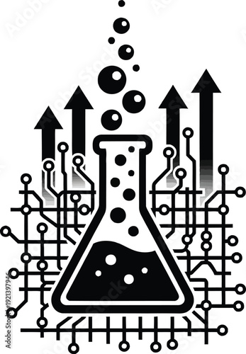 Science technology innovation concept with erlenmeyer flask and circuit board elements.