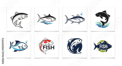 Collection of stylized fish illustrations and logos.