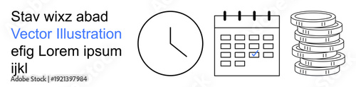 Productivity, scheduling, deadlines, time tracking, budgeting, savings. Clock, calendar and stacked coins in clean design. Productivity and scheduling through clear symbols