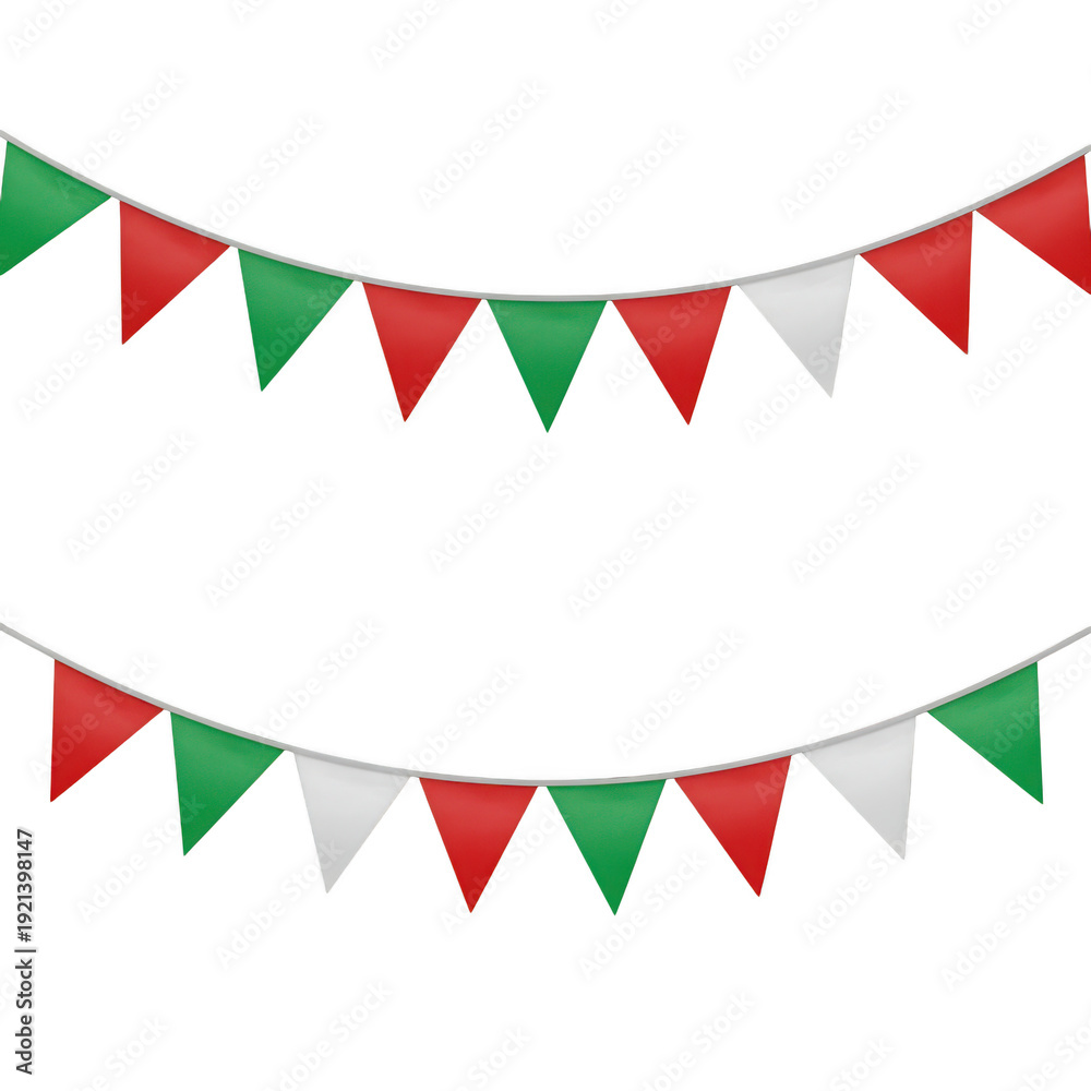 Fototapeta premium Colorful triangular pennant flags arranged in festive holiday bunting display isolated on white background