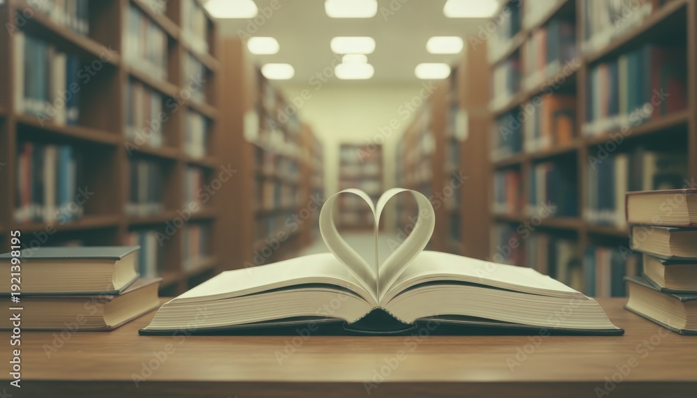 Fototapeta premium An open book with a heart shape symbolizing love for reading in a library setting