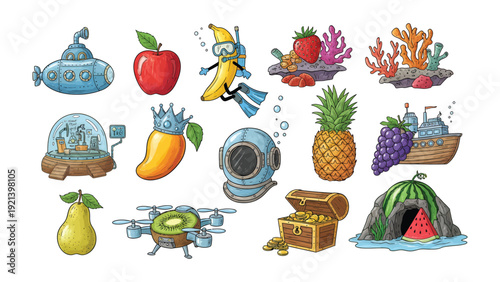 Whimsical Fruit Collection: A vibrant assortment of fruit transformed into delightful characters, scenes, and objects, showcasing creative flair and playful design.