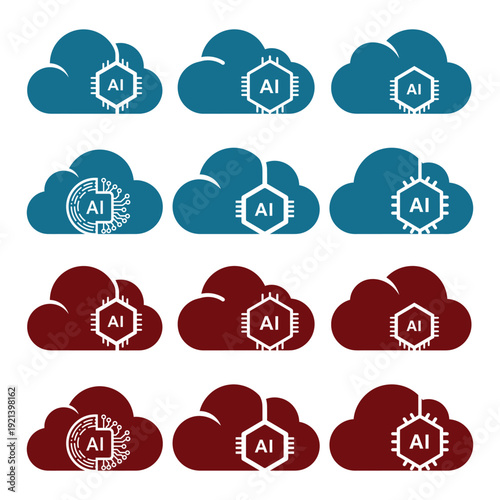 Artificial Intelligence Cloud Technology Flat Vector Icon Set