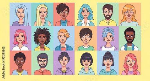 Diverse group of people portraits in colorful squares.