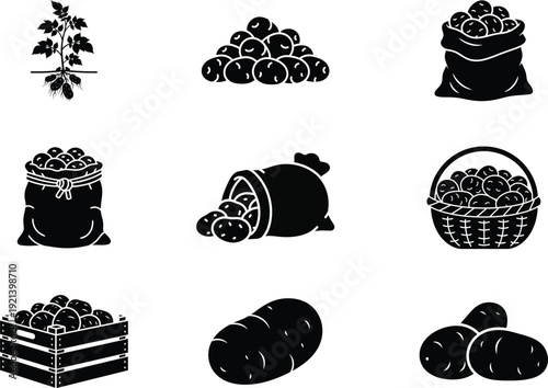 Potato harvest icon set vector silhouette collection including sacks baskets and plants