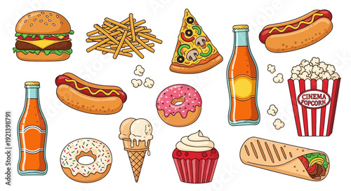 Assorted Fast Food and Beverages Display.