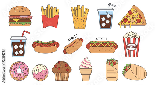 Assorted Fast Food Items and Desserts Illustration.