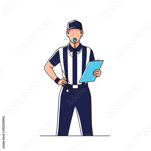 Professional sports referee wearing a striped shirt and a blue cap holding a clipboard and a whistle on white background.