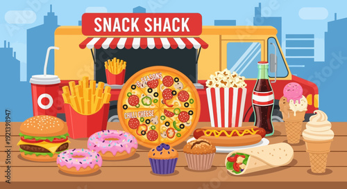 Variety of Fast Food and Snacks Display.