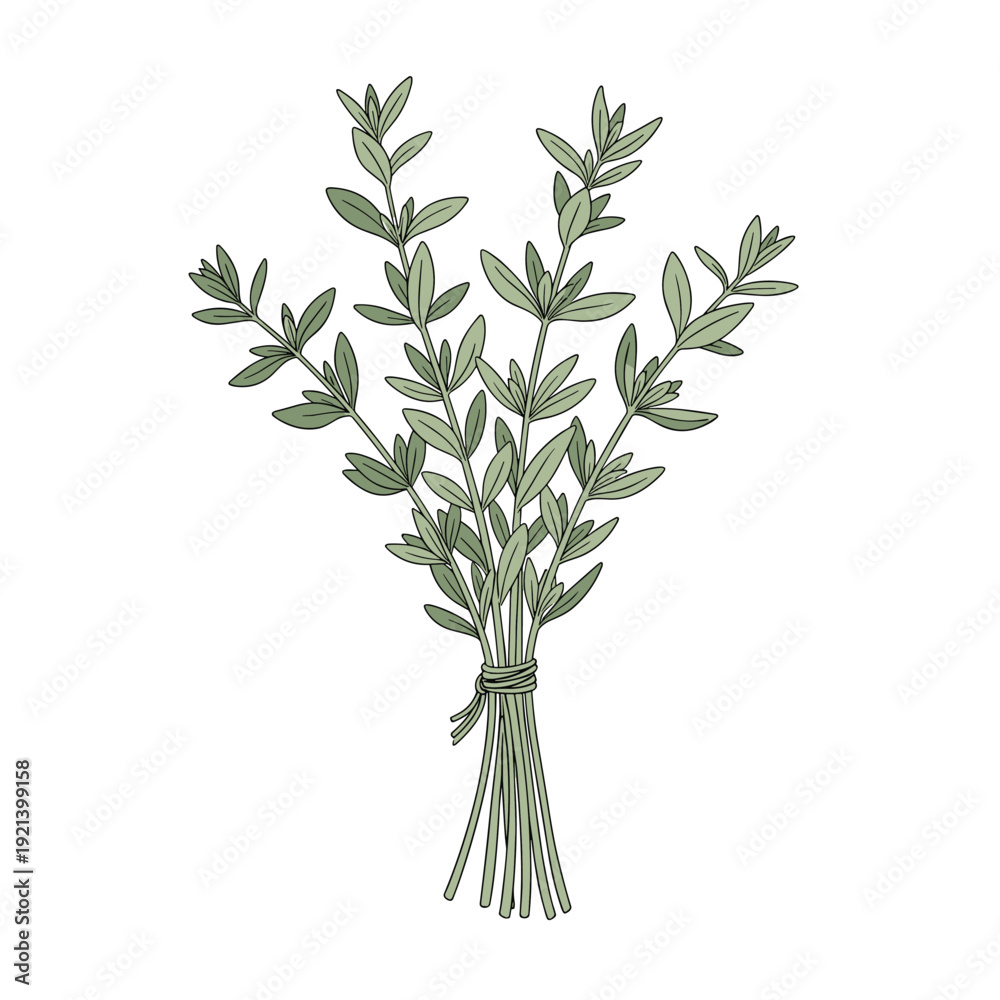 Fototapeta premium Bundle of fresh green thyme sprigs tied together with a thin string shown in a detailed hand drawn illustration style.