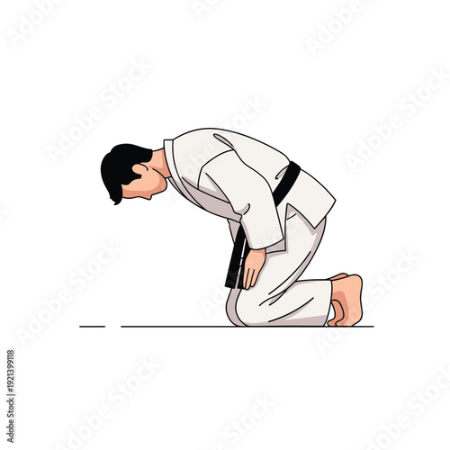 Person in a white martial arts uniform with a black belt performing a respectful bow while kneeling on white background.