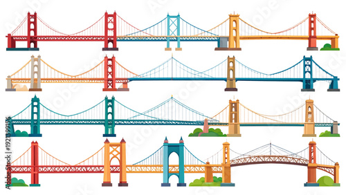 World Famous Bridge Icon Set in Flat Color Style – Arch, Suspension and Landmark Infrastructure Collection
