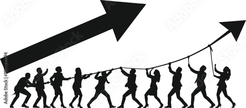 Teamwork pulling rope to increase upward trend arrow graph silhouette business success concept.