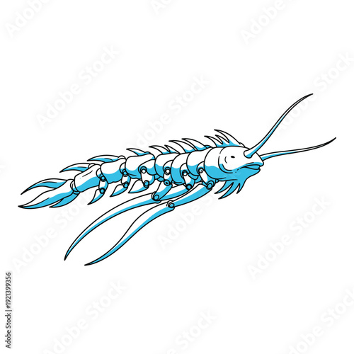 Futuristic blue mechanical shrimp illustration featuring segmented armor and long antennae in a sleek sci-fi design.