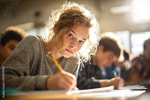 Freckled blonde teenage student with messy backlit curls leans over desk, intently writing an exam with a yellow pencil in a warm sunlit classroom