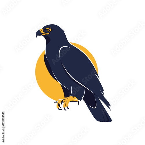 Powerful dark blue eagle perched calmly in front of a bright yellow circular sun against a clean white background.