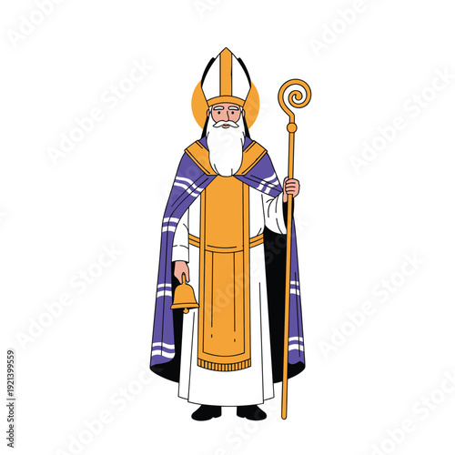 Traditional illustration of Saint Nicholas wearing a bishop robe and miter, holding a golden staff and a bell.